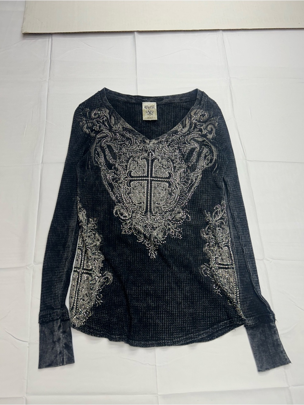 Vocal Apparel Y2K Rhinestone Cross Waffle Knit Thermal Top Acid Wash Gray S USA